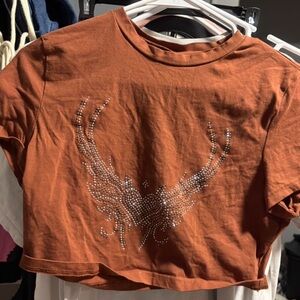 Brown women’s crop top with Rhinestone Heart Design
